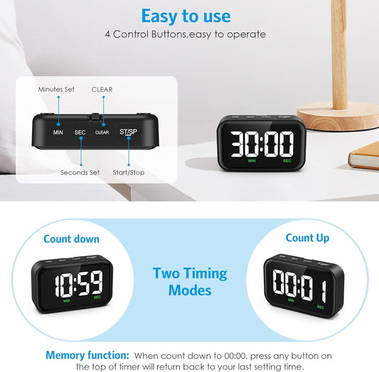 Digital Kitchen Timer, Digital Timer with Large LED Display, Magnetic Classroom Timer with Count Up Countdown, 3 Volume Levels for Cooking/Office/Kids/Work/Study, Black (Battery Included)