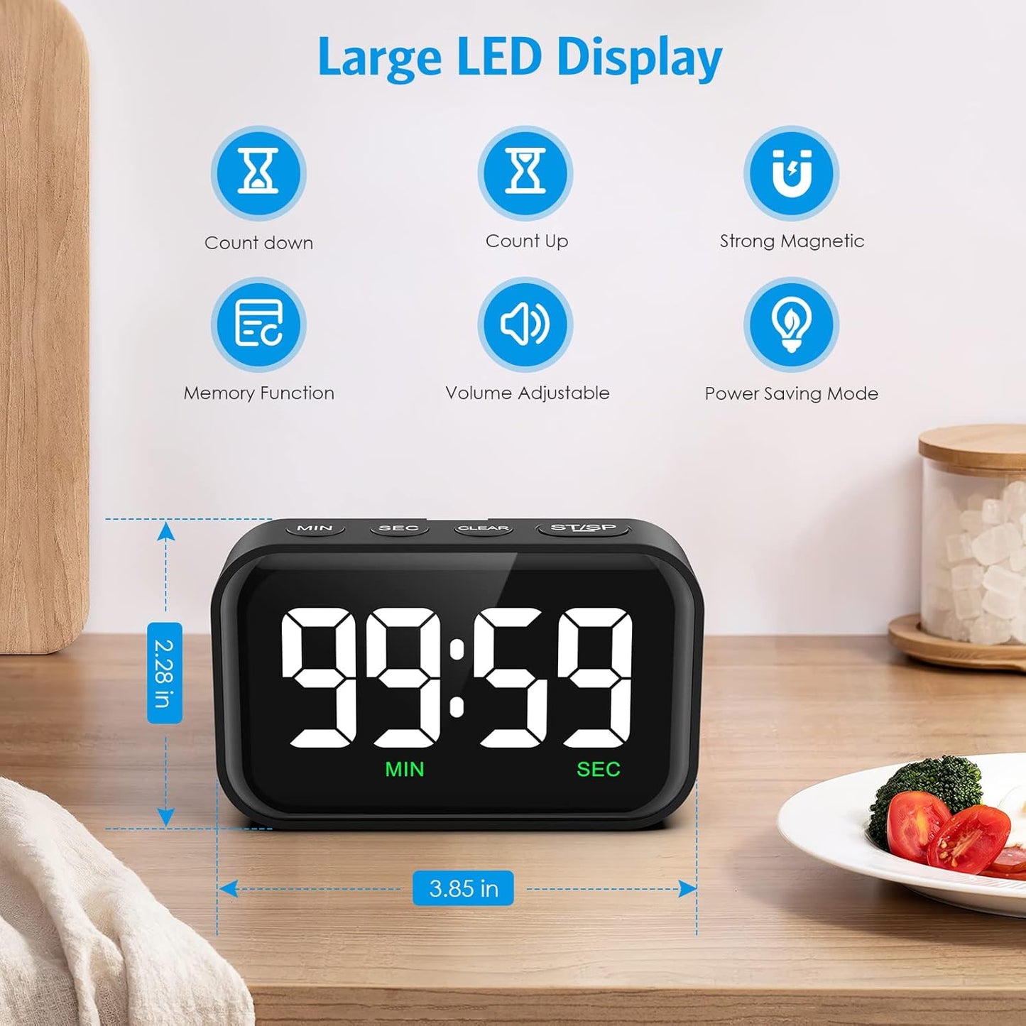 Digital Kitchen Timer, Digital Timer with Large LED Display, Magnetic Classroom Timer with Count Up Countdown, 3 Volume Levels for Cooking/Office/Kids/Work/Study, Black (Battery Included)