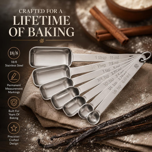 Baking Company Spice Measuring Spoons, 18/8 Stainless Steel, 7-Piece Set, Precision Measures, For Baking And Cooking