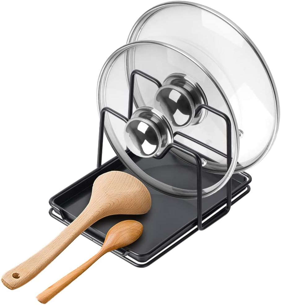 Pot Lid Holder, 2 Layers Pot Lids Organizer Multifunctional Lid and Spoon Rest Rack with Drip Tray for Lids, Spatulas, Spoons, Cutting Boards