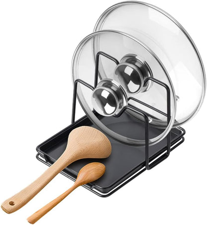 Pot Lid Holder, 2 Layers Pot Lids Organizer Multifunctional Lid and Spoon Rest Rack with Drip Tray for Lids, Spatulas, Spoons, Cutting Boards