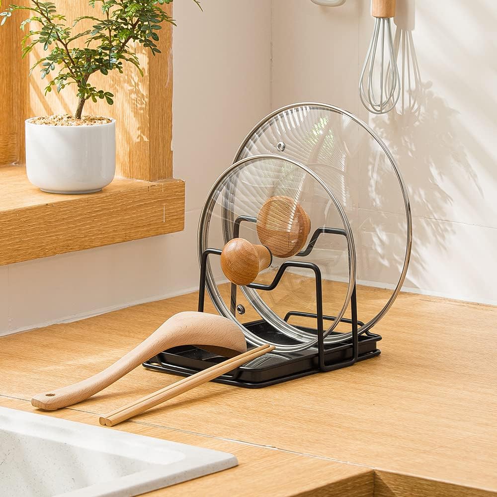 Pot Lid Holder, 2 Layers Pot Lids Organizer Multifunctional Lid and Spoon Rest Rack with Drip Tray for Lids, Spatulas, Spoons, Cutting Boards