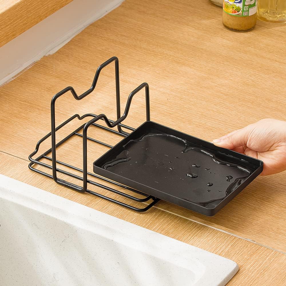Pot Lid Holder, 2 Layers Pot Lids Organizer Multifunctional Lid and Spoon Rest Rack with Drip Tray for Lids, Spatulas, Spoons, Cutting Boards