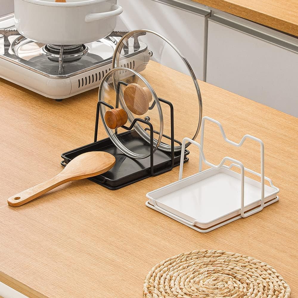 Pot Lid Holder, 2 Layers Pot Lids Organizer Multifunctional Lid and Spoon Rest Rack with Drip Tray for Lids, Spatulas, Spoons, Cutting Boards