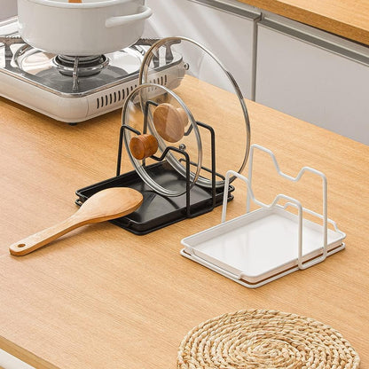 Pot Lid Holder, 2 Layers Pot Lids Organizer Multifunctional Lid and Spoon Rest Rack with Drip Tray for Lids, Spatulas, Spoons, Cutting Boards