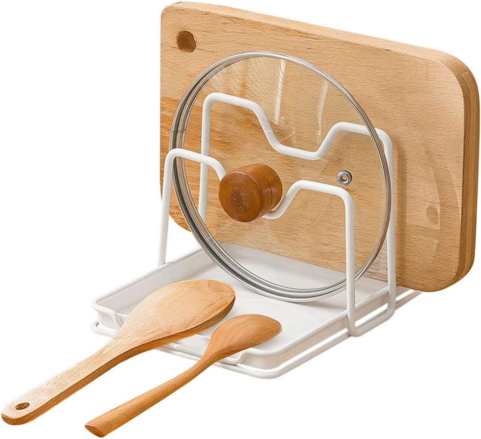 Pot Lid Holder, 2 Layers Pot Lids Organizer Multifunctional Lid and Spoon Rest Rack with Drip Tray for Lids, Spatulas, Spoons, Cutting Boards
