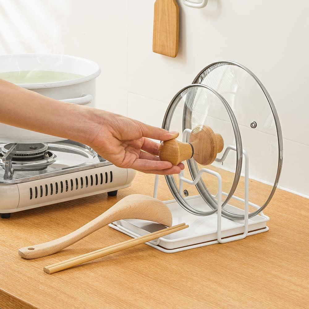 Pot Lid Holder, 2 Layers Pot Lids Organizer Multifunctional Lid and Spoon Rest Rack with Drip Tray for Lids, Spatulas, Spoons, Cutting Boards