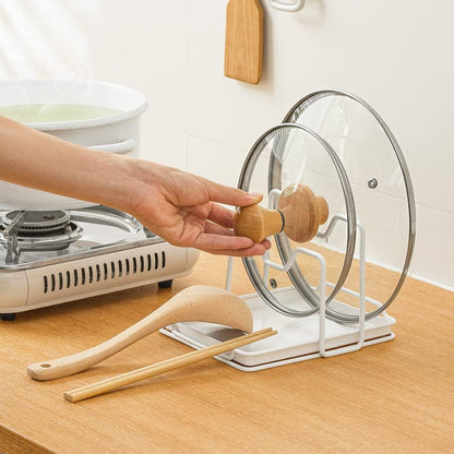 Pot Lid Holder, 2 Layers Pot Lids Organizer Multifunctional Lid and Spoon Rest Rack with Drip Tray for Lids, Spatulas, Spoons, Cutting Boards