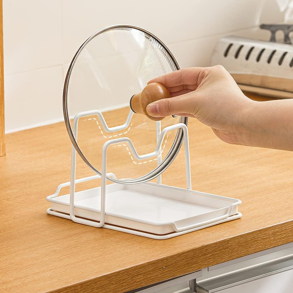 Pot Lid Holder, 2 Layers Pot Lids Organizer Multifunctional Lid and Spoon Rest Rack with Drip Tray for Lids, Spatulas, Spoons, Cutting Boards
