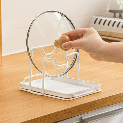 Pot Lid Holder, 2 Layers Pot Lids Organizer Multifunctional Lid and Spoon Rest Rack with Drip Tray for Lids, Spatulas, Spoons, Cutting Boards