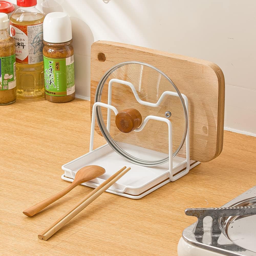 Pot Lid Holder, 2 Layers Pot Lids Organizer Multifunctional Lid and Spoon Rest Rack with Drip Tray for Lids, Spatulas, Spoons, Cutting Boards