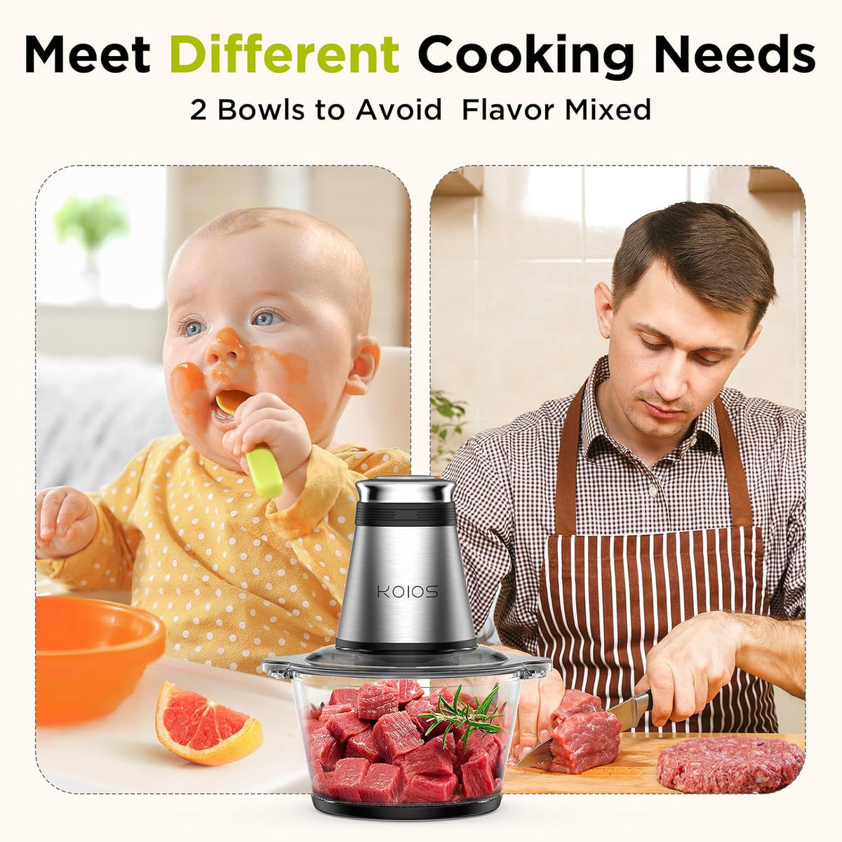 Food Processor, 500W Electric Food Chopper with 2 Bowls (8 Cup+8 Cup) & 2 Bi-Level Blades&, Small Electric Grinder Meat Processor for Nuts, Meat, Onion, Garlic, Baby Food, Black