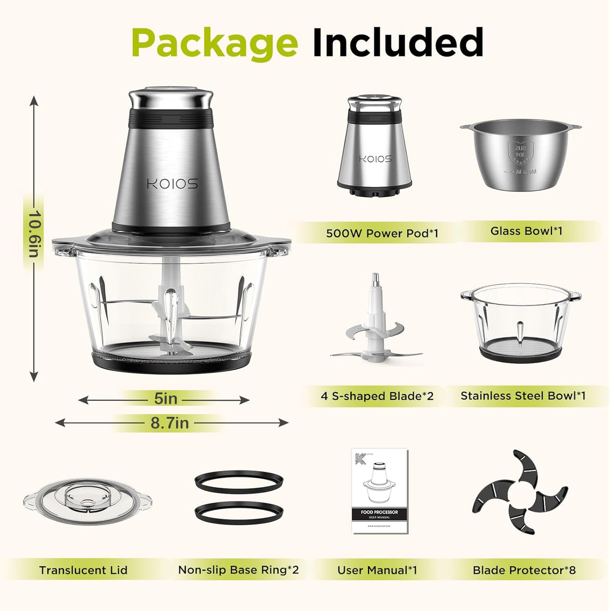 Food Processor, 500W Electric Food Chopper with 2 Bowls (8 Cup+8 Cup) & 2 Bi-Level Blades&, Small Electric Grinder Meat Processor for Nuts, Meat, Onion, Garlic, Baby Food, Black