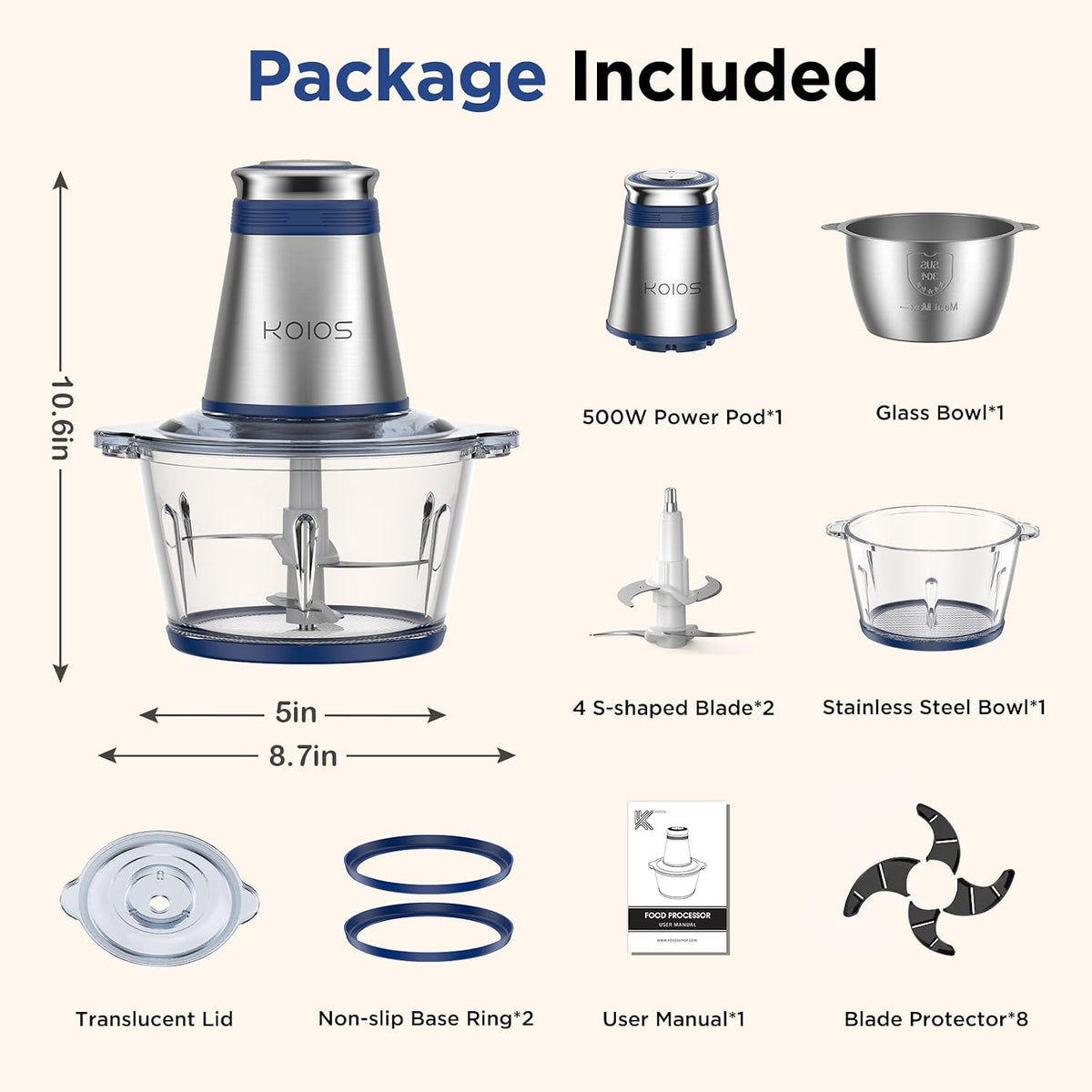 Food Processor, 500W Electric Food Chopper with 2 Bowls (8 Cup+8 Cup) & 2 Bi-Level Blades&, Small Electric Grinder Meat Processor for Nuts, Meat, Onion, Garlic, Baby Food, Black