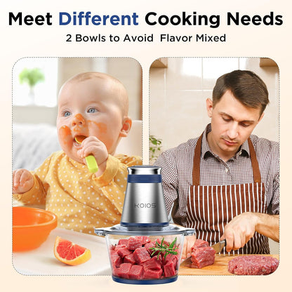 Food Processor, 500W Electric Food Chopper with 2 Bowls (8 Cup+8 Cup) & 2 Bi-Level Blades&, Small Electric Grinder Meat Processor for Nuts, Meat, Onion, Garlic, Baby Food, Black