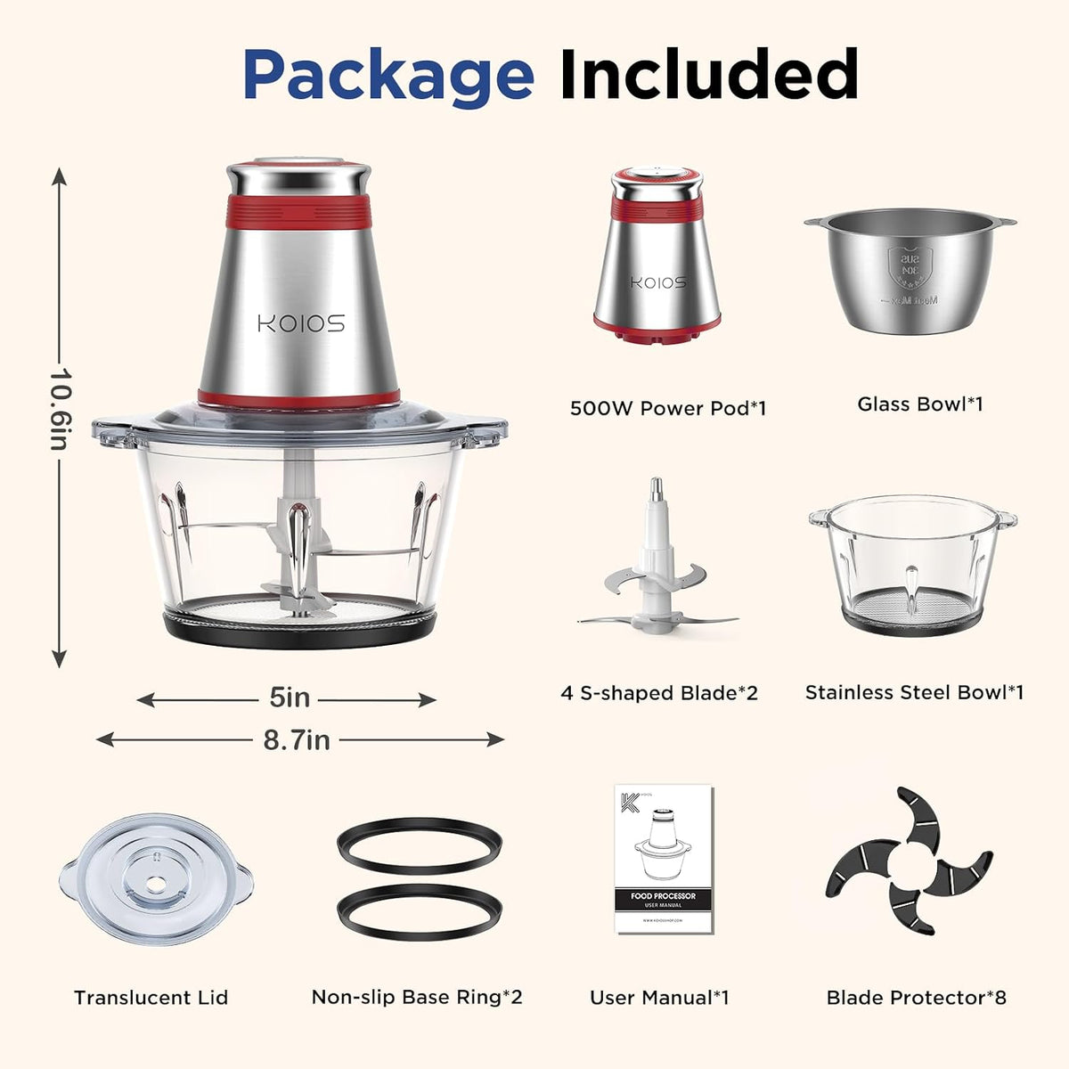 Food Processor, 500W Electric Food Chopper with 2 Bowls (8 Cup+8 Cup) & 2 Bi-Level Blades&, Small Electric Grinder Meat Processor for Nuts, Meat, Onion, Garlic, Baby Food, Black