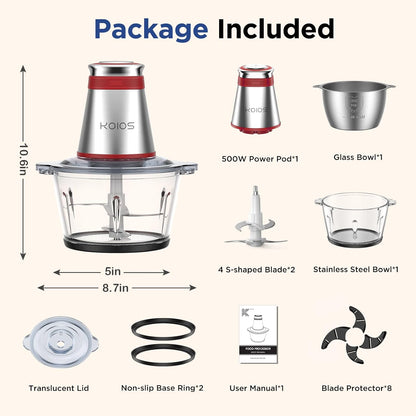 Food Processor, 500W Electric Food Chopper with 2 Bowls (8 Cup+8 Cup) & 2 Bi-Level Blades&, Small Electric Grinder Meat Processor for Nuts, Meat, Onion, Garlic, Baby Food, Black