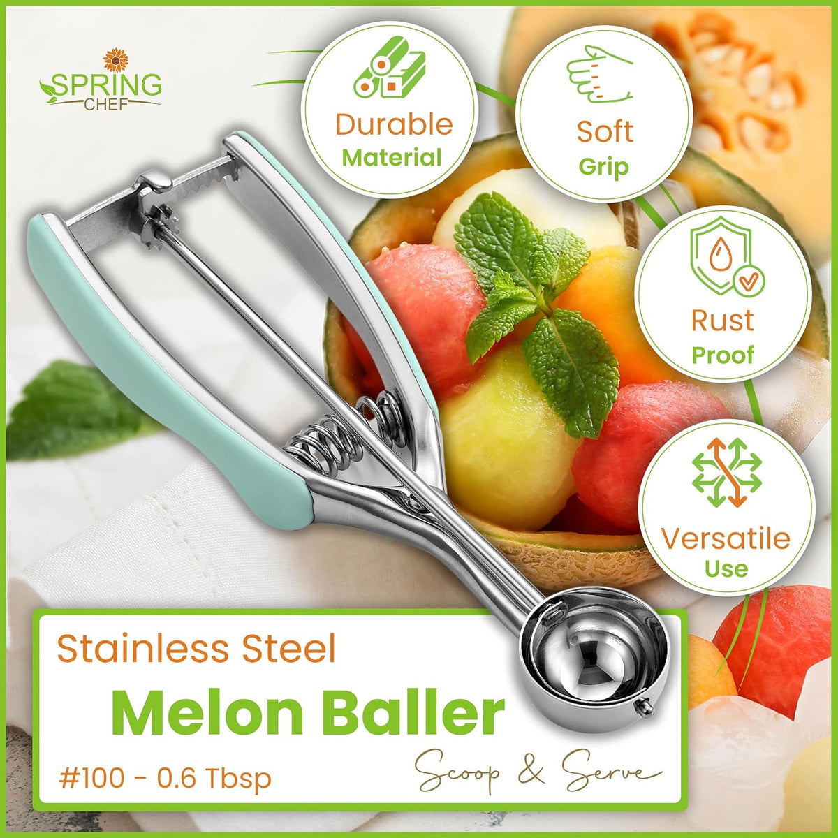 Extra Small Stainless Steel Melon Baller Scoop, #100, Black