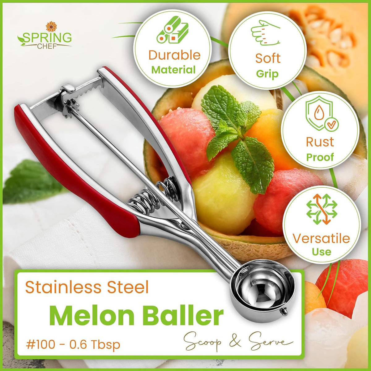 Extra Small Stainless Steel Melon Baller Scoop, #100, Black