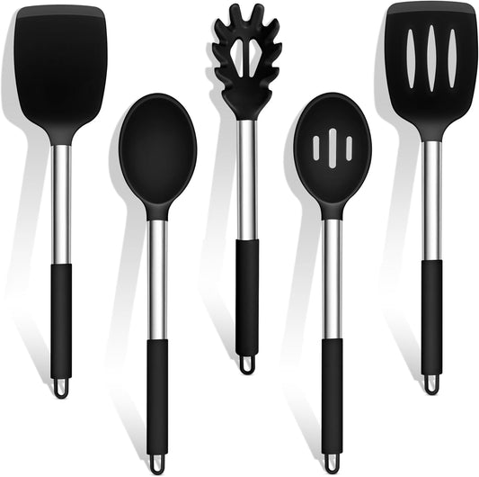 Cooking Utensils Set, 5 PCS Silicone Kitchen Utensils, Black | Stainless Steel Handle, for Nonstick Cookware Flipping Frying Turning Draining, Heatproof & Healthy, Nonstick & Easy Clean