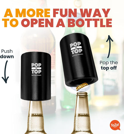 Pop-the-Top Beer Bottle Opener (Stainless): Automatic Bottle Cap Opener, Push Down Pop Off Bar Tool, Soda and Beer Cap Remover, Cool & Fun Gadget