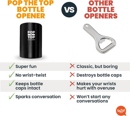 Pop-the-Top Beer Bottle Opener (Stainless): Automatic Bottle Cap Opener, Push Down Pop Off Bar Tool, Soda and Beer Cap Remover, Cool & Fun Gadget