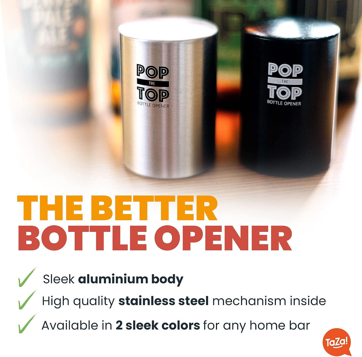 Pop-the-Top Beer Bottle Opener (Stainless): Automatic Bottle Cap Opener, Push Down Pop Off Bar Tool, Soda and Beer Cap Remover, Cool & Fun Gadget