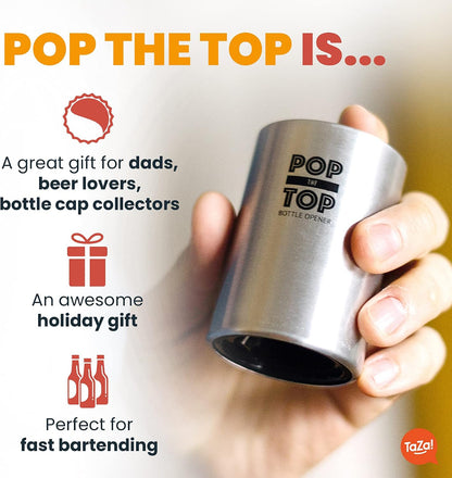 Pop-the-Top Beer Bottle Opener (Stainless): Automatic Bottle Cap Opener, Push Down Pop Off Bar Tool, Soda and Beer Cap Remover, Cool & Fun Gadget