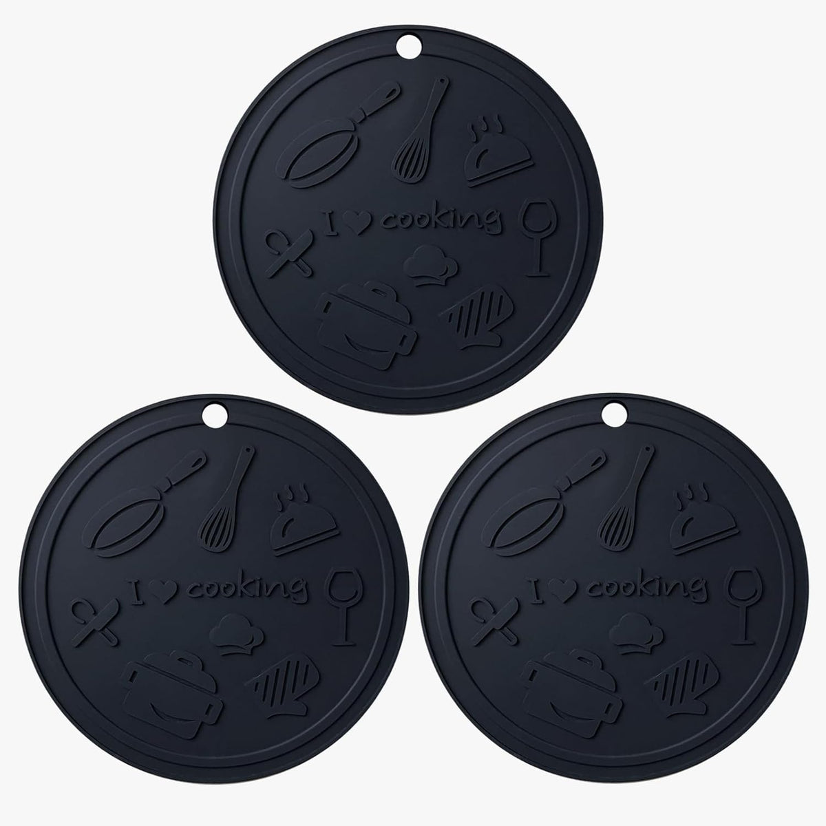 Silicone Trivet Mats - 3 Heat Resistant Pot Holders, Non-Slip Hot Pads for Kitchen, Food Grade Silicone, BPA Free, Easy to Wash (Black Gray)
