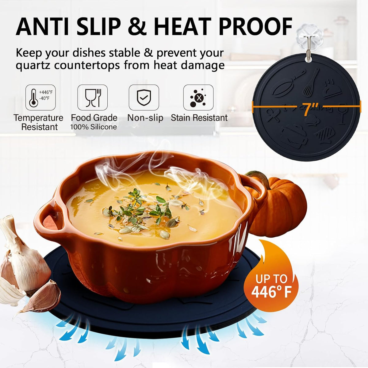 Silicone Trivet Mats - 3 Heat Resistant Pot Holders, Non-Slip Hot Pads for Kitchen, Food Grade Silicone, BPA Free, Easy to Wash (Black Gray)