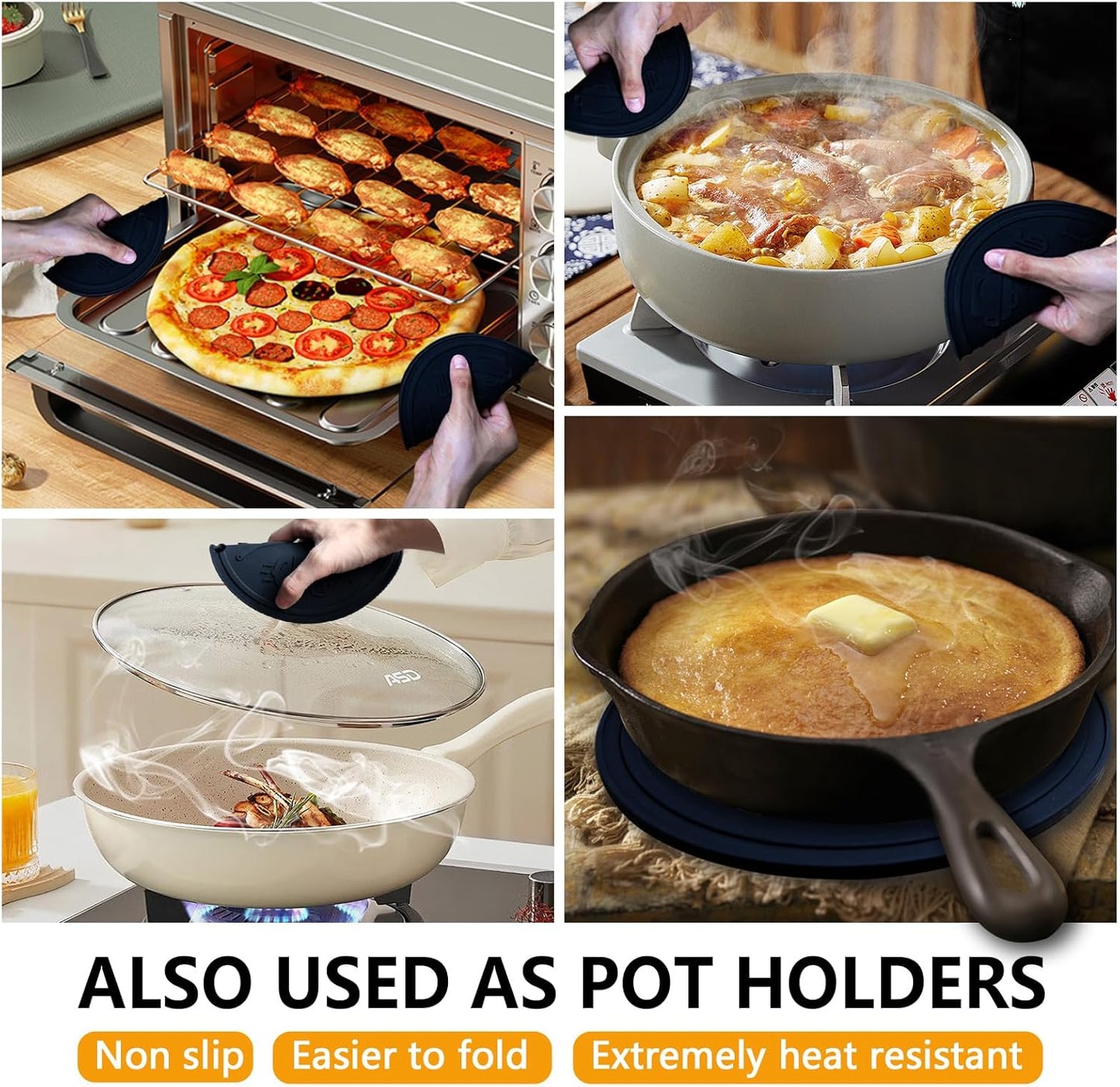 Silicone Trivet Mats - 3 Heat Resistant Pot Holders, Non-Slip Hot Pads for Kitchen, Food Grade Silicone, BPA Free, Easy to Wash (Black Gray)