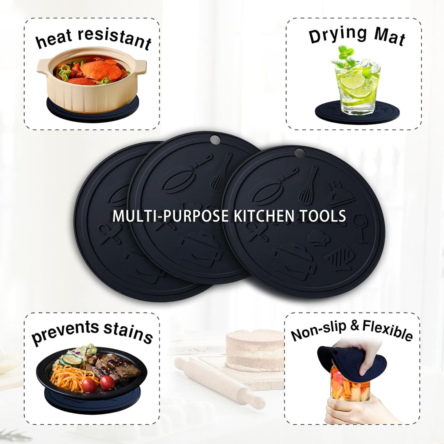 Silicone Trivet Mats - 3 Heat Resistant Pot Holders, Non-Slip Hot Pads for Kitchen, Food Grade Silicone, BPA Free, Easy to Wash (Black Gray)