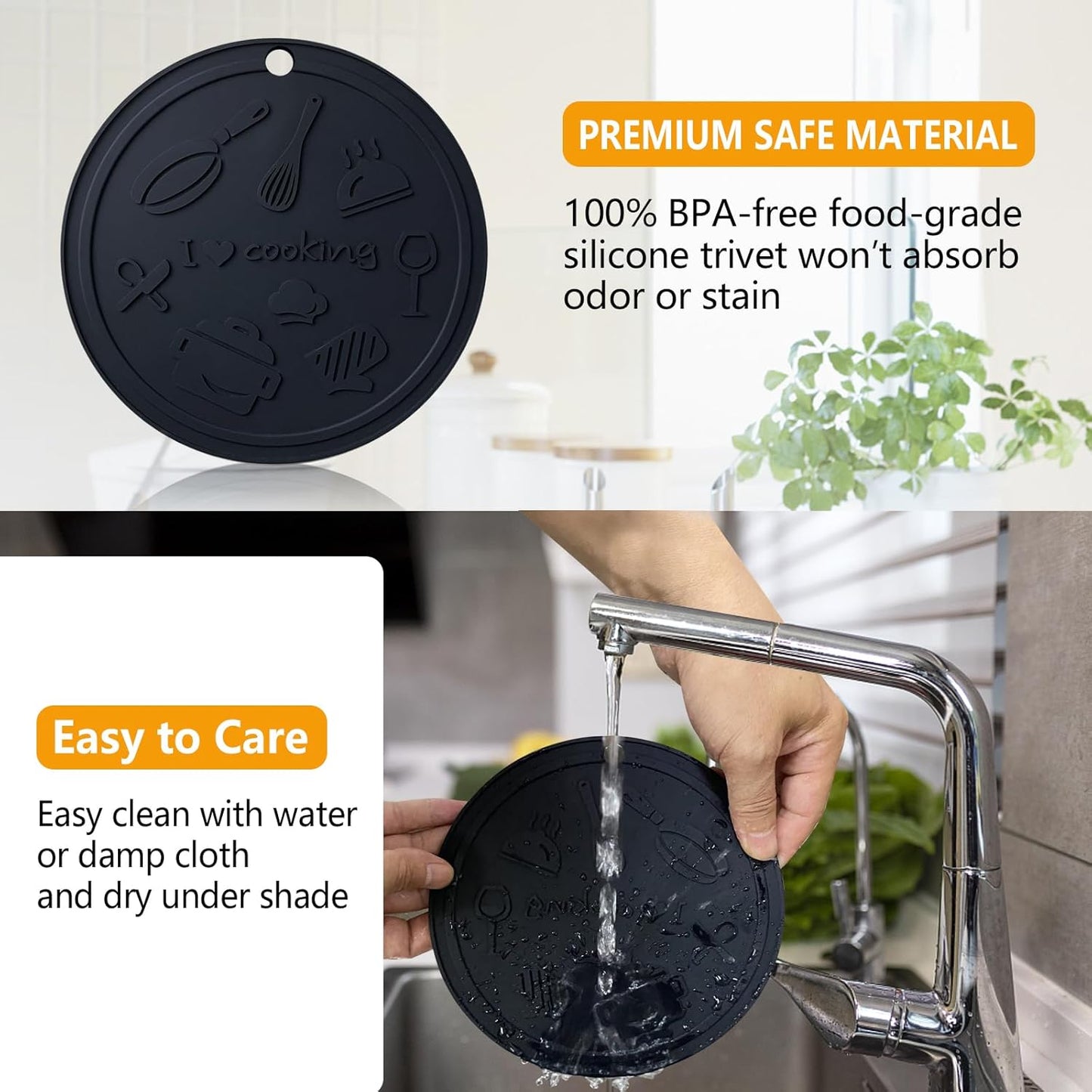 Silicone Trivet Mats - 3 Heat Resistant Pot Holders, Non-Slip Hot Pads for Kitchen, Food Grade Silicone, BPA Free, Easy to Wash (Black Gray)