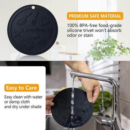 Silicone Trivet Mats - 3 Heat Resistant Pot Holders, Non-Slip Hot Pads for Kitchen, Food Grade Silicone, BPA Free, Easy to Wash (Black Gray)