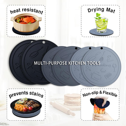 Silicone Trivet Mats - 3 Heat Resistant Pot Holders, Non-Slip Hot Pads for Kitchen, Food Grade Silicone, BPA Free, Easy to Wash (Black Gray)