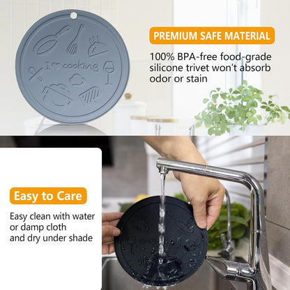 Silicone Trivet Mats - 3 Heat Resistant Pot Holders, Non-Slip Hot Pads for Kitchen, Food Grade Silicone, BPA Free, Easy to Wash (Black Gray)