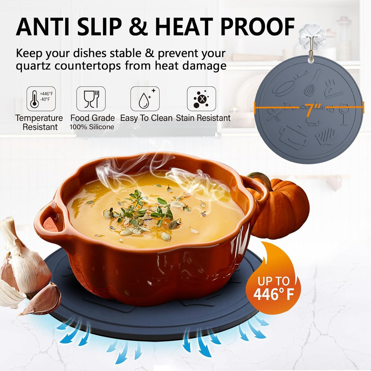 Silicone Trivet Mats - 3 Heat Resistant Pot Holders, Non-Slip Hot Pads for Kitchen, Food Grade Silicone, BPA Free, Easy to Wash (Black Gray)