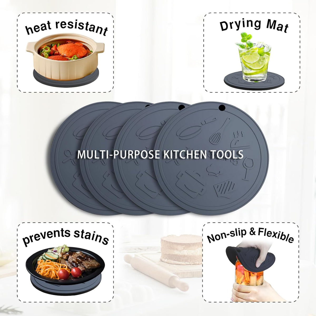 Silicone Trivet Mats - 3 Heat Resistant Pot Holders, Non-Slip Hot Pads for Kitchen, Food Grade Silicone, BPA Free, Easy to Wash (Black Gray)