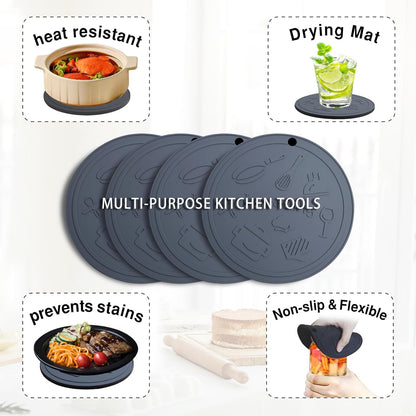 Silicone Trivet Mats - 3 Heat Resistant Pot Holders, Non-Slip Hot Pads for Kitchen, Food Grade Silicone, BPA Free, Easy to Wash (Black Gray)