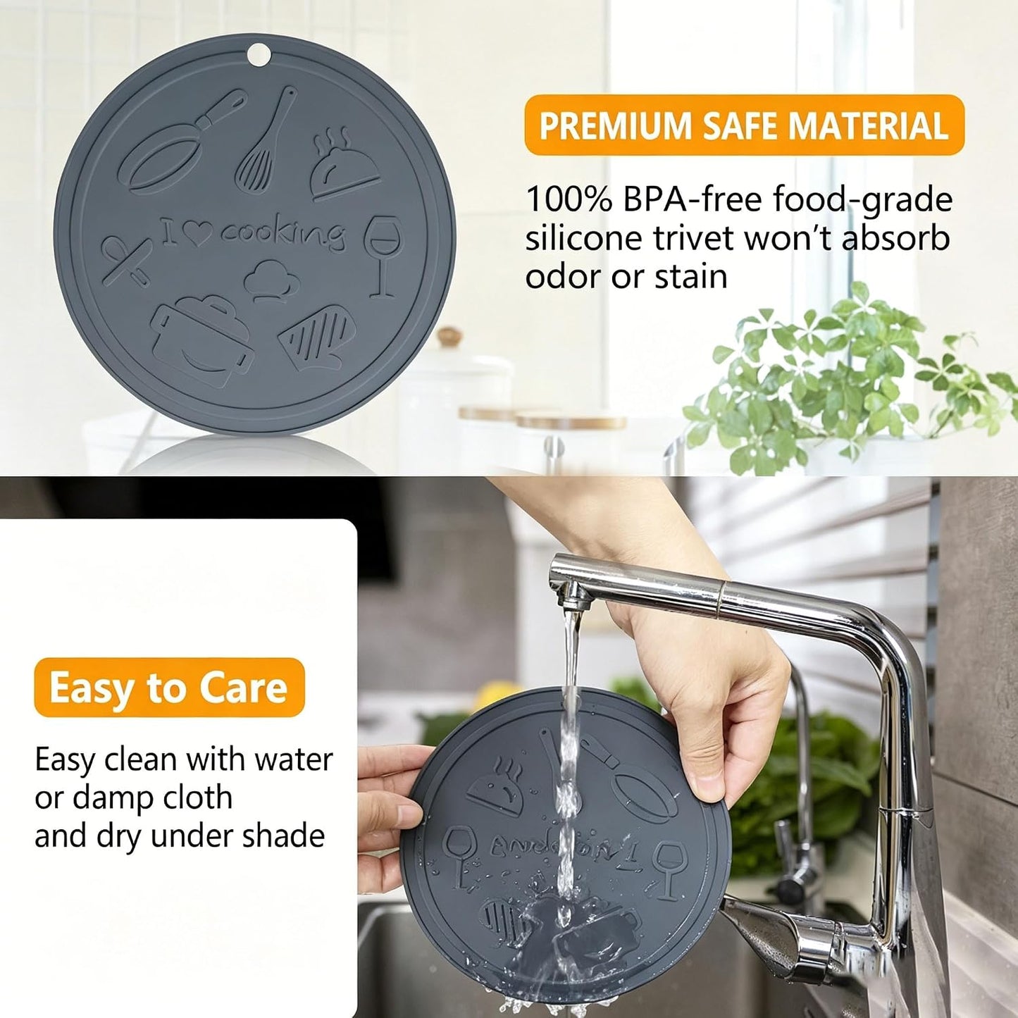 Silicone Trivet Mats - 3 Heat Resistant Pot Holders, Non-Slip Hot Pads for Kitchen, Food Grade Silicone, BPA Free, Easy to Wash (Black Gray)