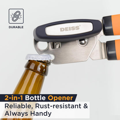 Deiss PRO Hand Held Can Opener – Smooth Edge Can Opener Manual & Bottle Opener, Heavy Duty Stainless Steel Can Openers, Effortless Turn Knob, Sharp Blade for Easy Cutting, Non-Slip Ergonomic Handle