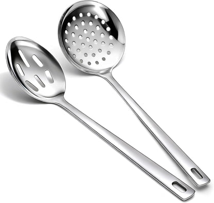 Slotted Spoons for Straining 2 pcs 13", Stainless Steel Kitchen Spider Strainer Skimmer Ladle for Straining Pasta/Cooking/Frying, Metal Kitchen Utensils Pasta Spoon