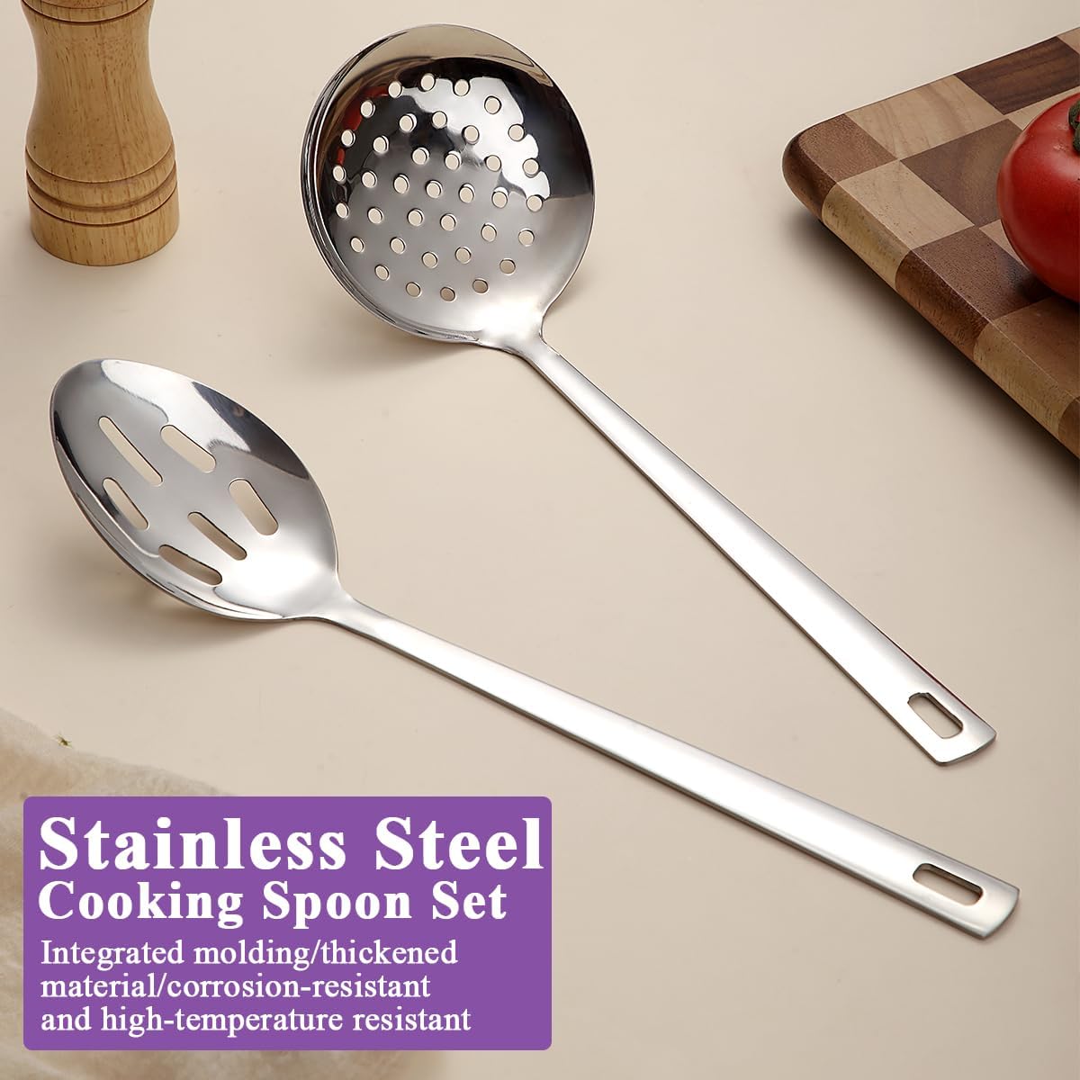 Slotted Spoons for Straining 2 pcs 13", Stainless Steel Kitchen Spider Strainer Skimmer Ladle for Straining Pasta/Cooking/Frying, Metal Kitchen Utensils Pasta Spoon