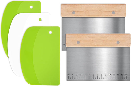 5 Pcs Bench Scraper, Bench Scraper Kitchen 2 Pcs Stainless Steel Dough Scraper with Wood Handle and 3 Pcs PP Food Scraper with Hanging Hole, Multipurpose Bread Dough Cutter for Baking-Green