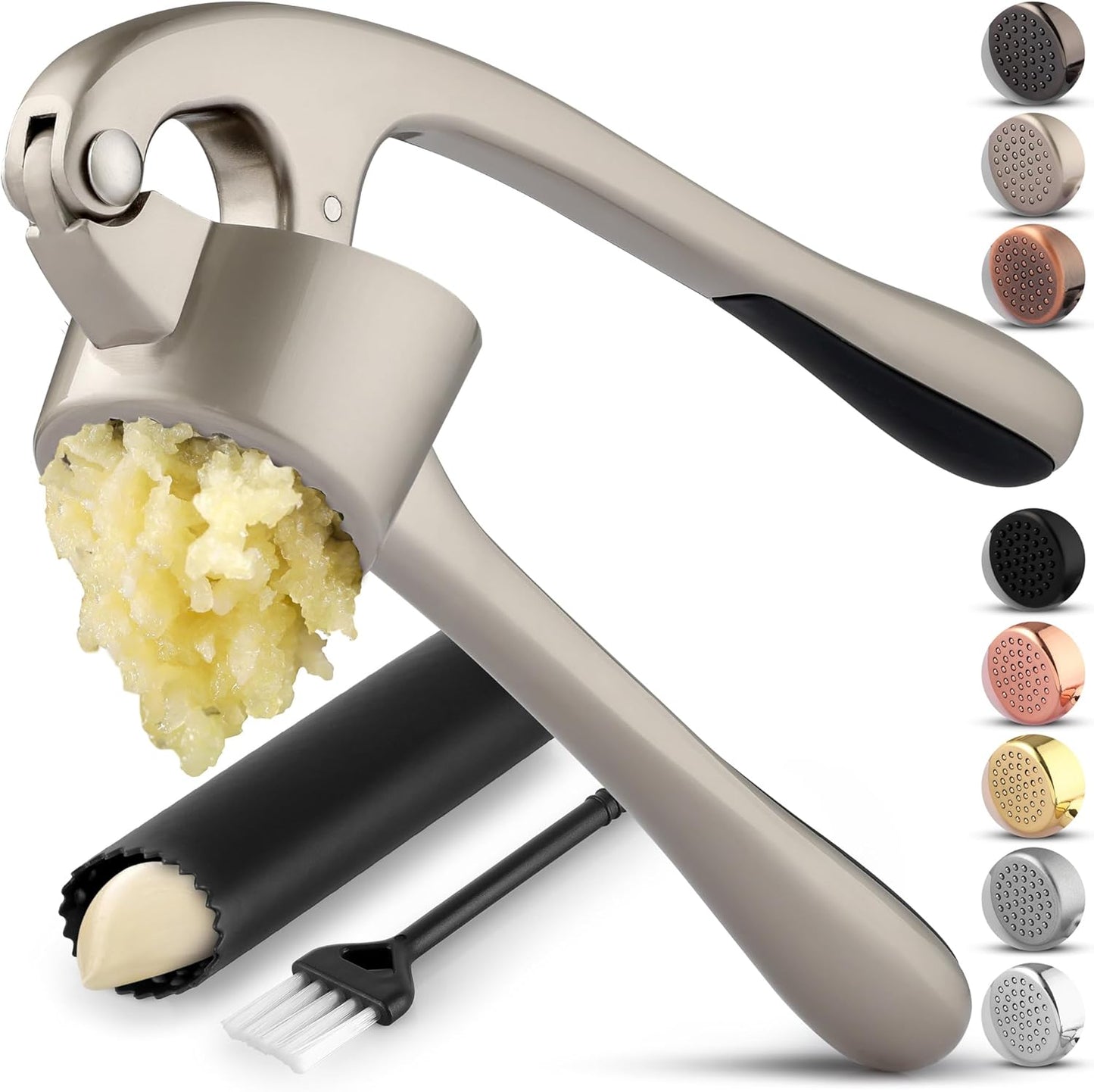 Large Premium Garlic Press Set - Bigger Bowl for Bigger Garlic - Rust Proof Garlic Mincer Tool - Easy-Squeeze, Easy-Clean Silicone Garlic Peeler & Brush (Silver)