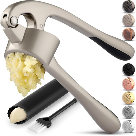 Large Premium Garlic Press Set - Bigger Bowl for Bigger Garlic - Rust Proof Garlic Mincer Tool - Easy-Squeeze, Easy-Clean Silicone Garlic Peeler & Brush (Silver)