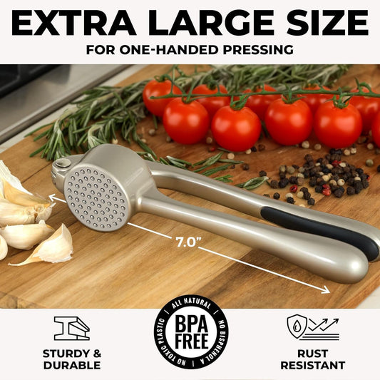 Large Premium Garlic Press Set - Bigger Bowl for Bigger Garlic - Rust Proof Garlic Mincer Tool - Easy-Squeeze, Easy-Clean Silicone Garlic Peeler & Brush (Silver)