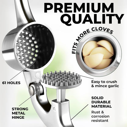 Large Premium Garlic Press Set - Bigger Bowl for Bigger Garlic - Rust Proof Garlic Mincer Tool - Easy-Squeeze, Easy-Clean Silicone Garlic Peeler & Brush (Silver)