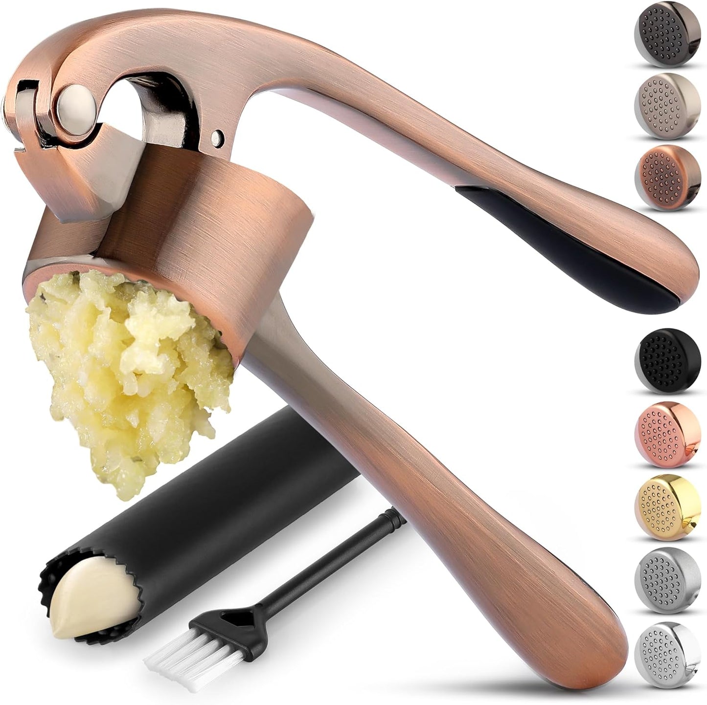 Large Premium Garlic Press Set - Bigger Bowl for Bigger Garlic - Rust Proof Garlic Mincer Tool - Easy-Squeeze, Easy-Clean Silicone Garlic Peeler & Brush (Silver)