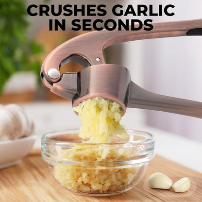 Large Premium Garlic Press Set - Bigger Bowl for Bigger Garlic - Rust Proof Garlic Mincer Tool - Easy-Squeeze, Easy-Clean Silicone Garlic Peeler & Brush (Silver)
